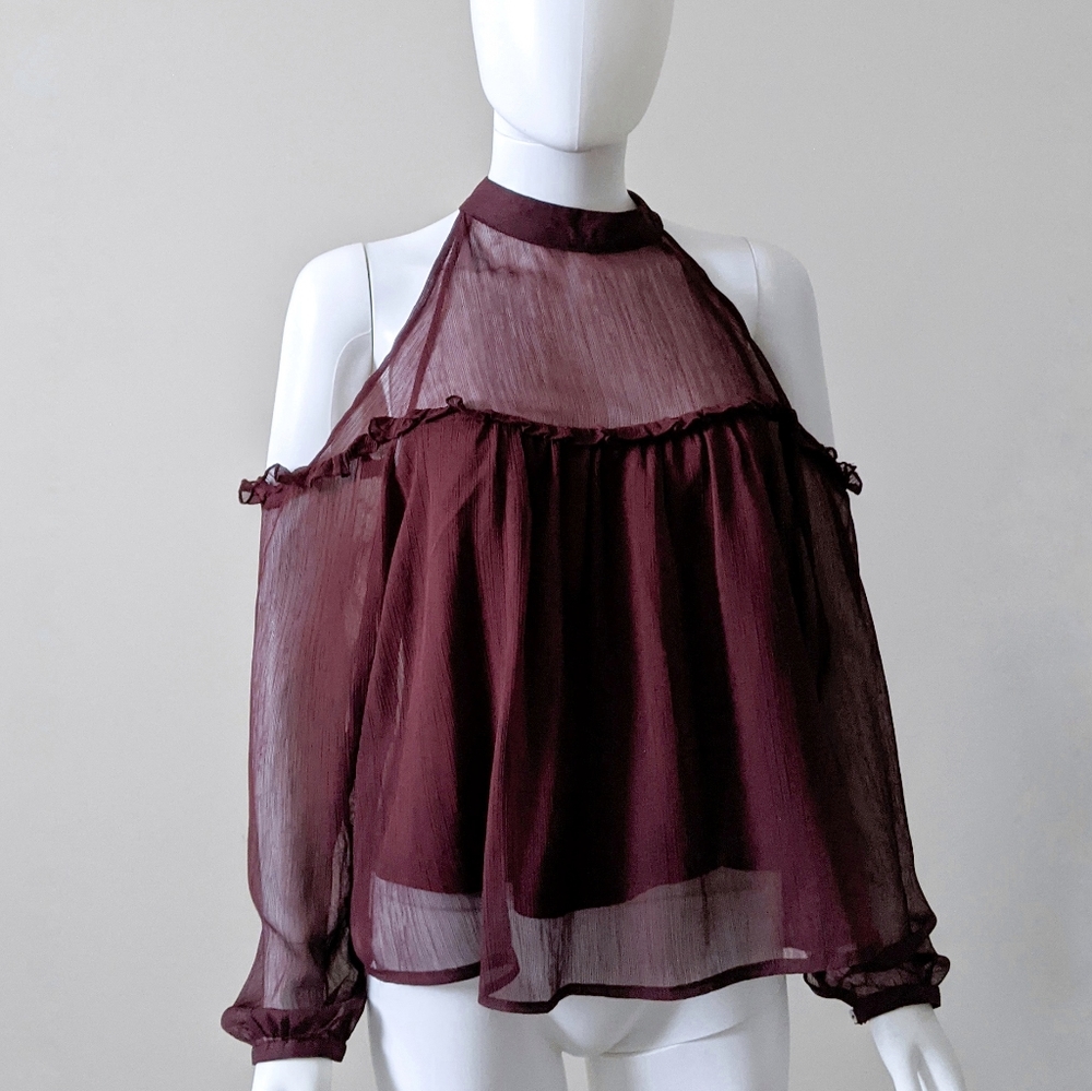 Burgundy Red High Neck Open Shoulder Top